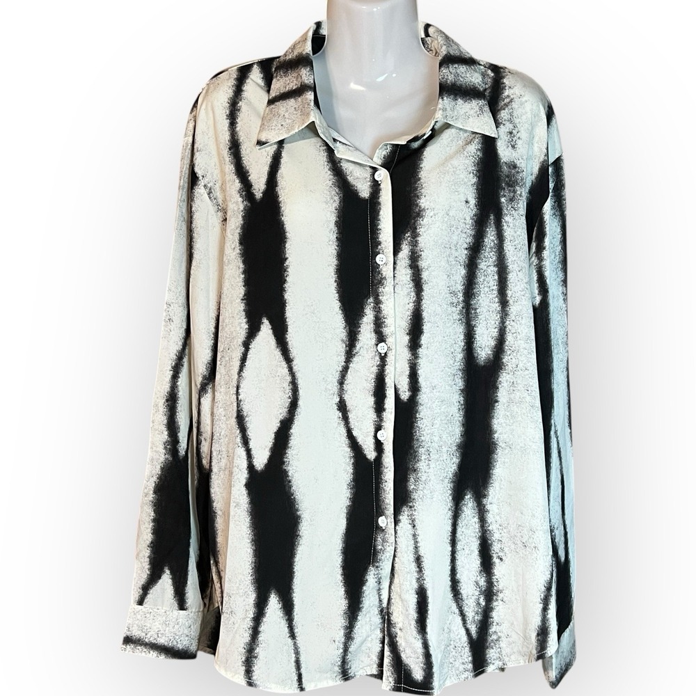 Blouse XL Button Down Business‎ Casual Tie Dye Black Ivory Office Siren COMMENSE